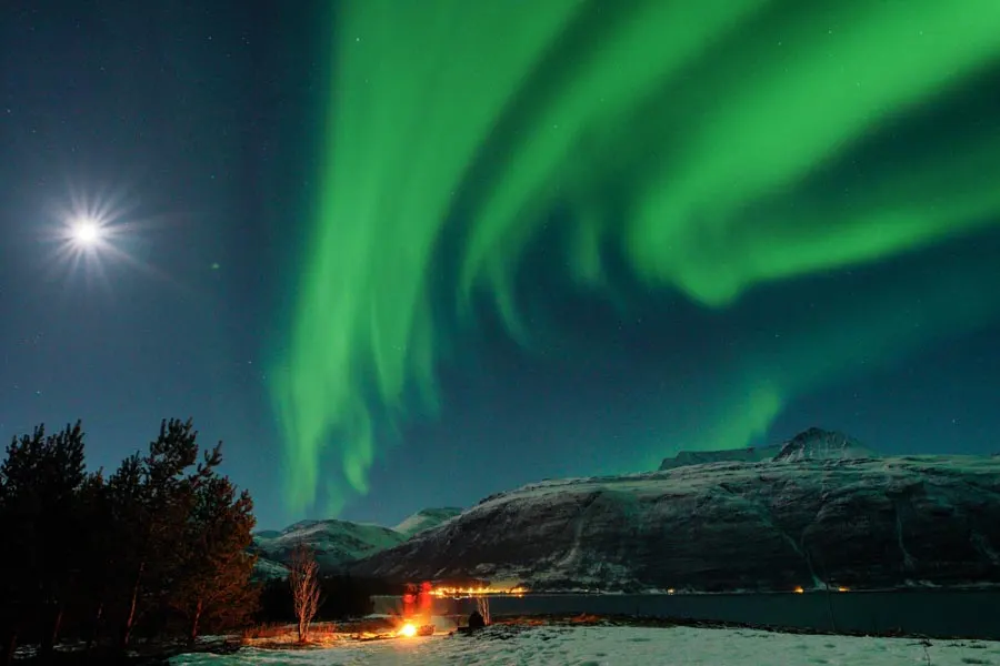 A campfire under curtains of northern lights
