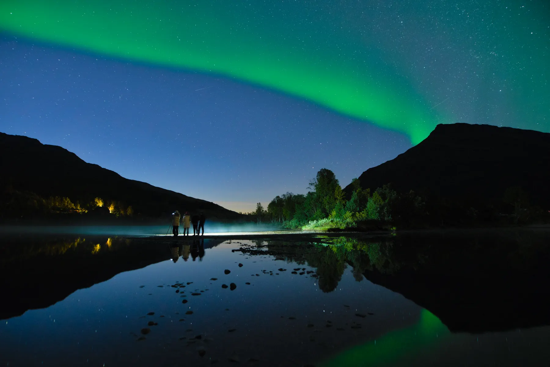 Guests by a still lake that mirrors the aurora